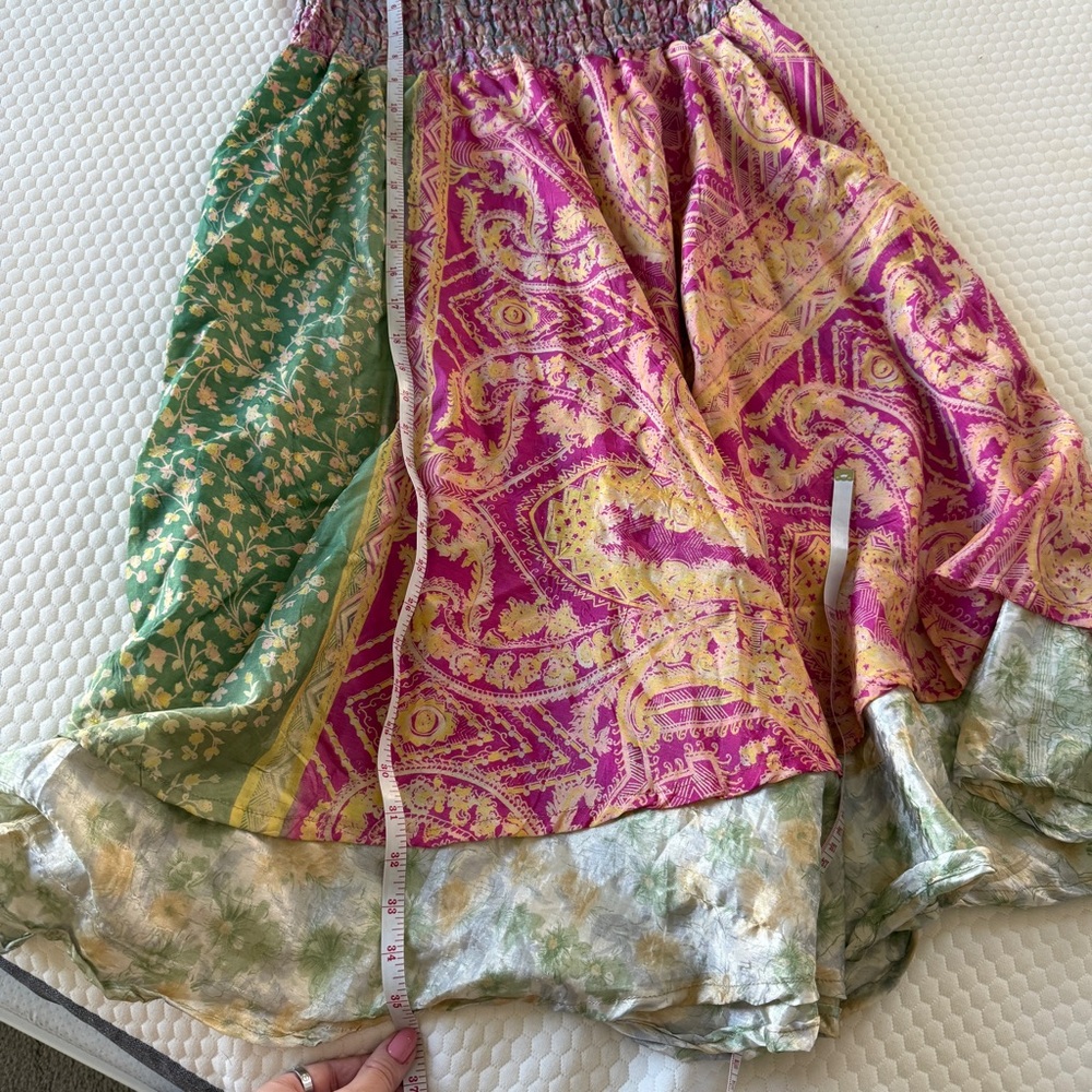 Boho 100% silk multicolor patchwork midi smocked … - image 7